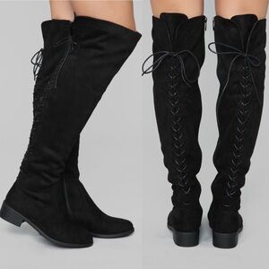 Fashion Nova Women's Faux Suede Corset Back Stina Flat Boots Shoes Size 11 Black